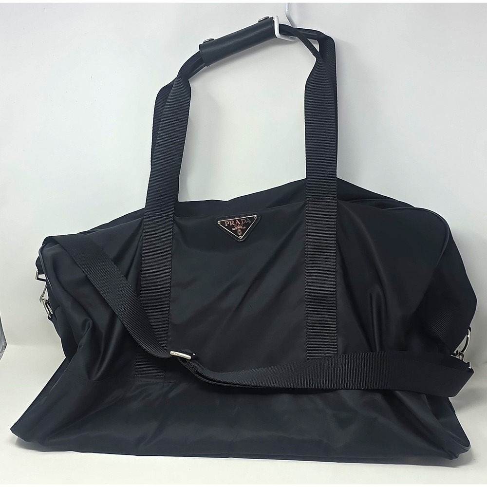 Vintage Auth Prada Black Tessuto Nylon Duffle Weekender Bag Padlock & Strap